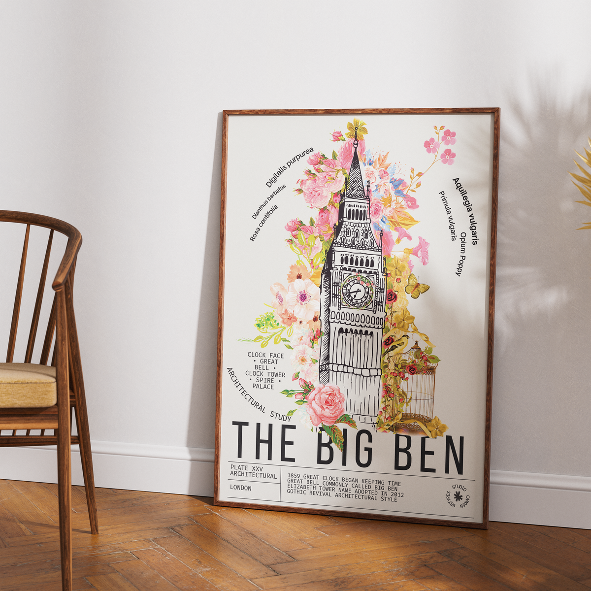 Big Ben Palace of Westminster vintage botanical archive print UK — London landmark wall art 260gsm printed in England Camden Market