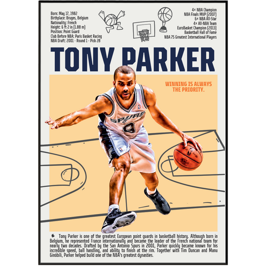 Tony Parker basketball poster — France Spurs 4x champion first European Finals MVP minimalist wall art print UK