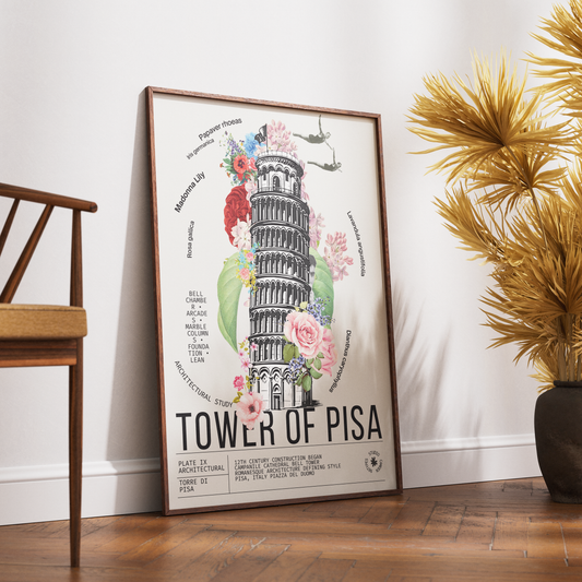 Leaning Tower of Pisa vintage botanical archive print UK — Torre di Pisa landmark wall art 260gsm printed in England Camden Market