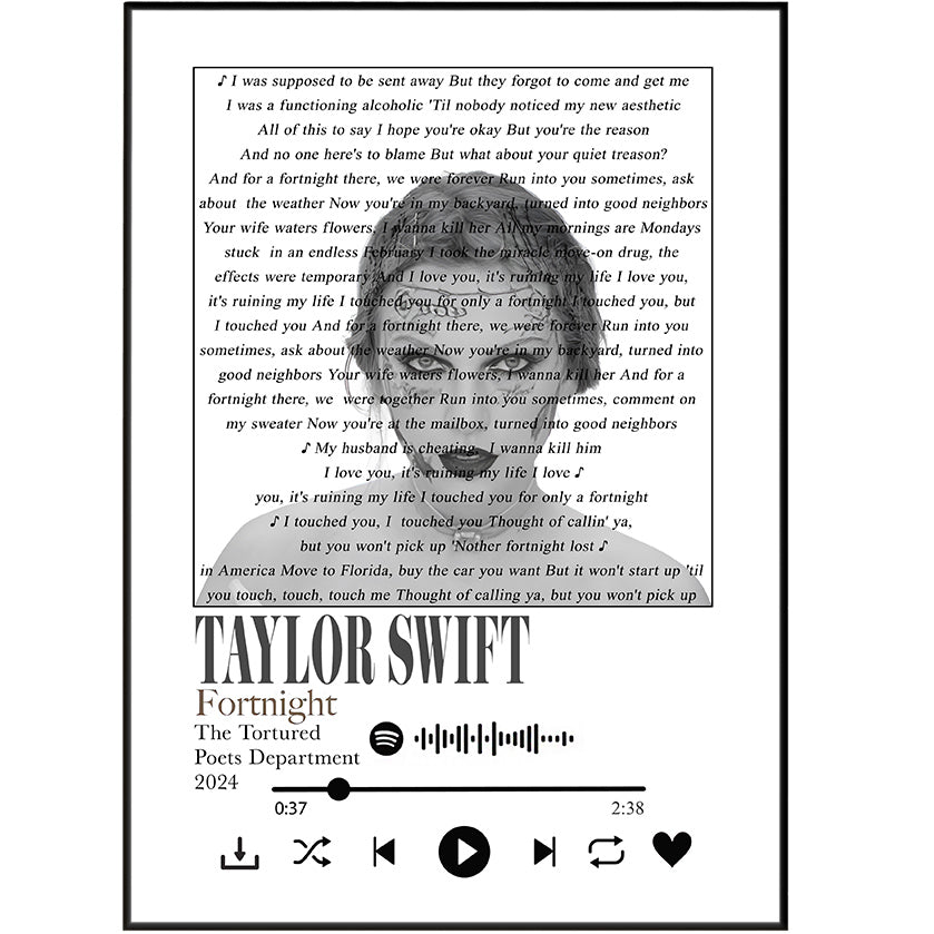 aylor Swift poster, Fortnight lyric print, Tortured Poets Department wall art, Taylor Swift gift, music lyric poster UK