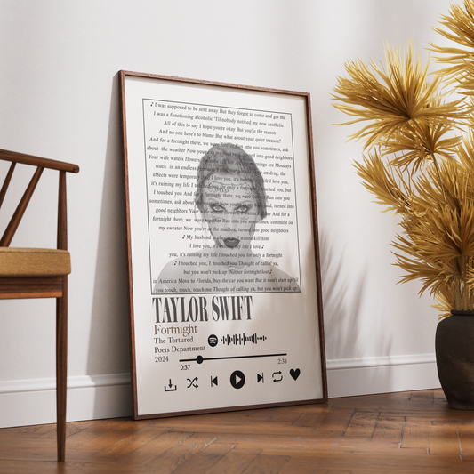 Taylor Swift poster, Fortnight lyric print, Tortured Poets Department wall art, Taylor Swift gift, music lyric poster UK