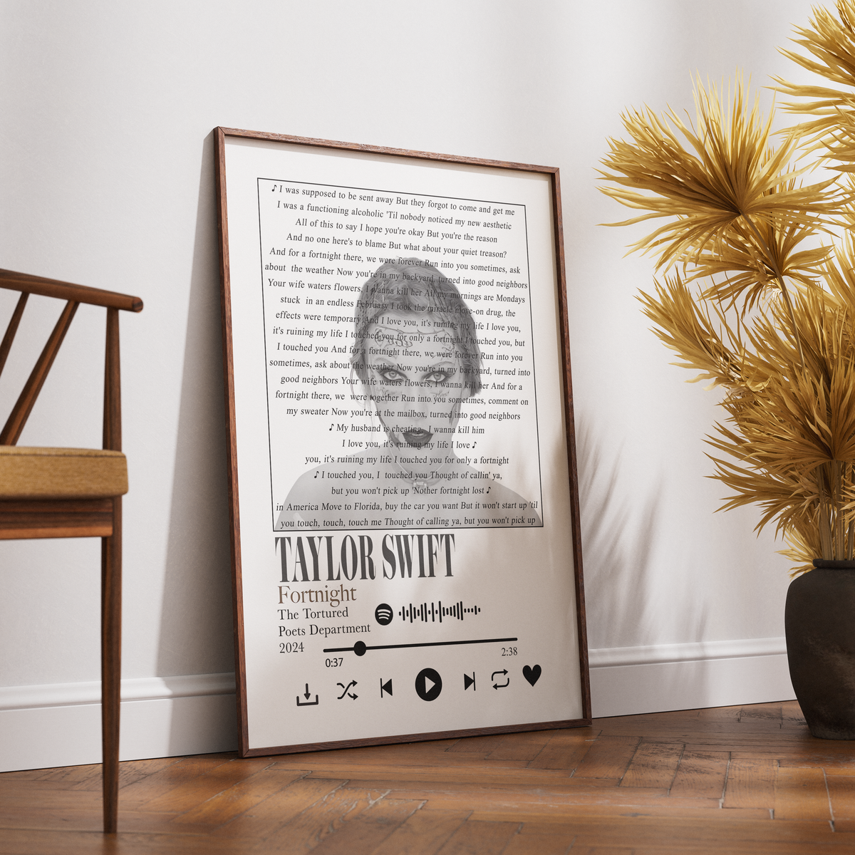 Taylor Swift poster, Fortnight lyric print, Tortured Poets Department wall art, Taylor Swift gift, music lyric poster UK