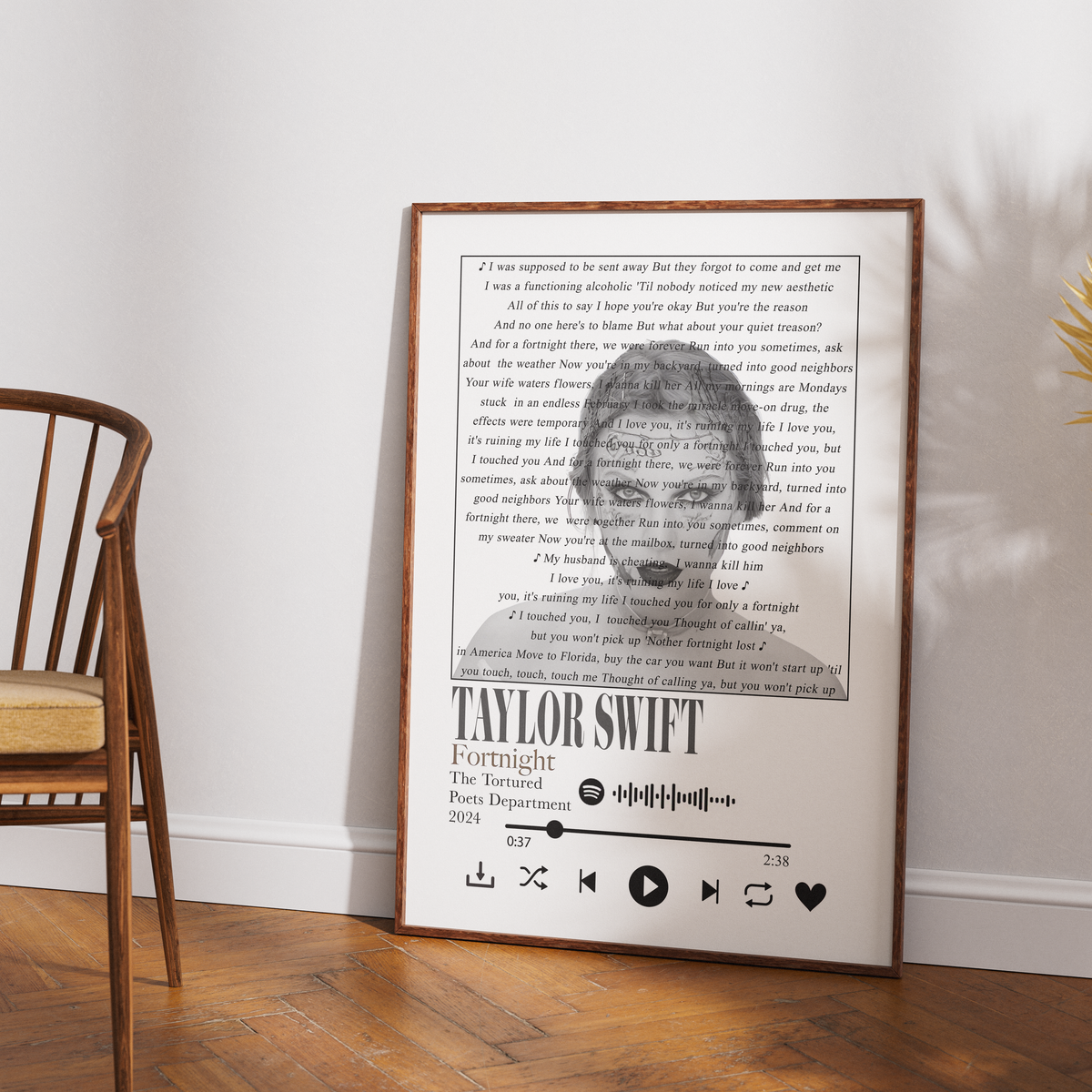 Taylor Swift poster, Fortnight lyric print, Tortured Poets Department wall art, Taylor Swift gift, music lyric poster UK
