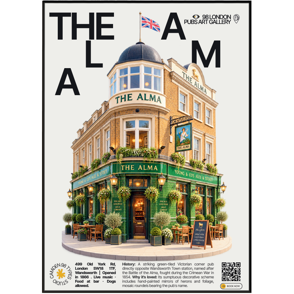 The Alma poster, Wandsworth, London: green-tiled Victorian corner pub facade - 98 London Pubs Art Gallery by 98 Types