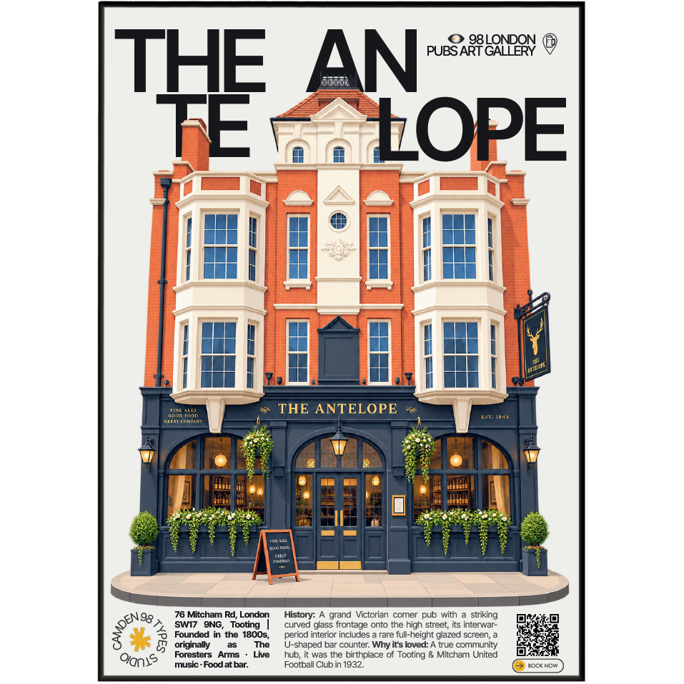 The Antelope poster, Tooting, London: curved glass Victorian pub facade on a high street - 98 London Pubs Art Gallery by 98 Types