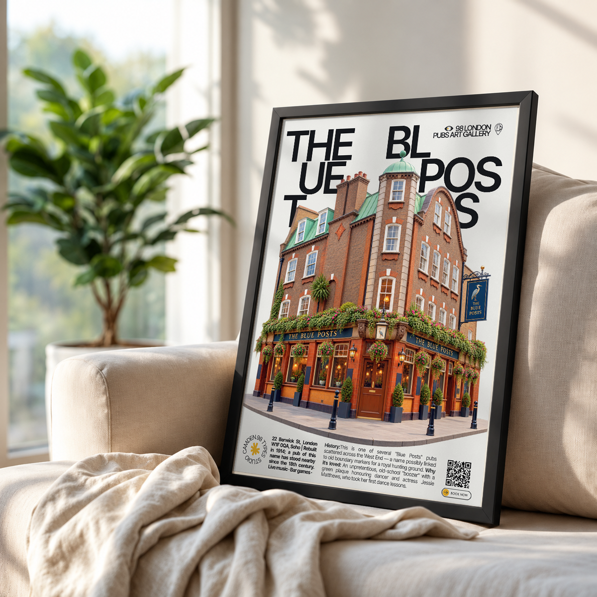The Blue Posts poster, Soho, London: traditional pub facade beside a street market - 98 London Pubs Art Gallery by 98 Types
