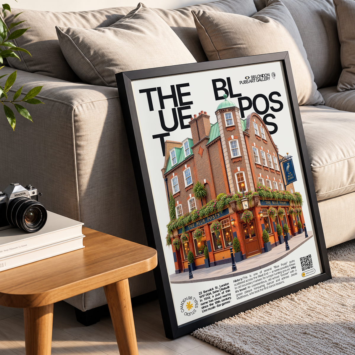 The Blue Posts poster, Soho, London: traditional pub facade beside a street market - 98 London Pubs Art Gallery by 98 Types