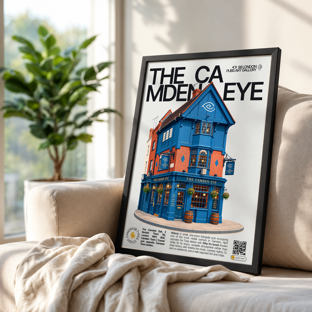 The Camden Eye poster, Camden Town, London: triangular corner pub facade opposite Camden Town tube station - 98 London Pubs Art Gallery by 98 Types