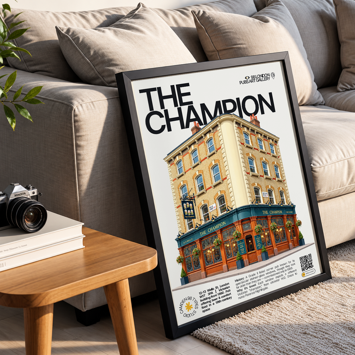 The Champion poster, Fitzrovia, London: stained glass windows depicting Victorian figures - 98 London Pubs Art Gallery by 98 Types