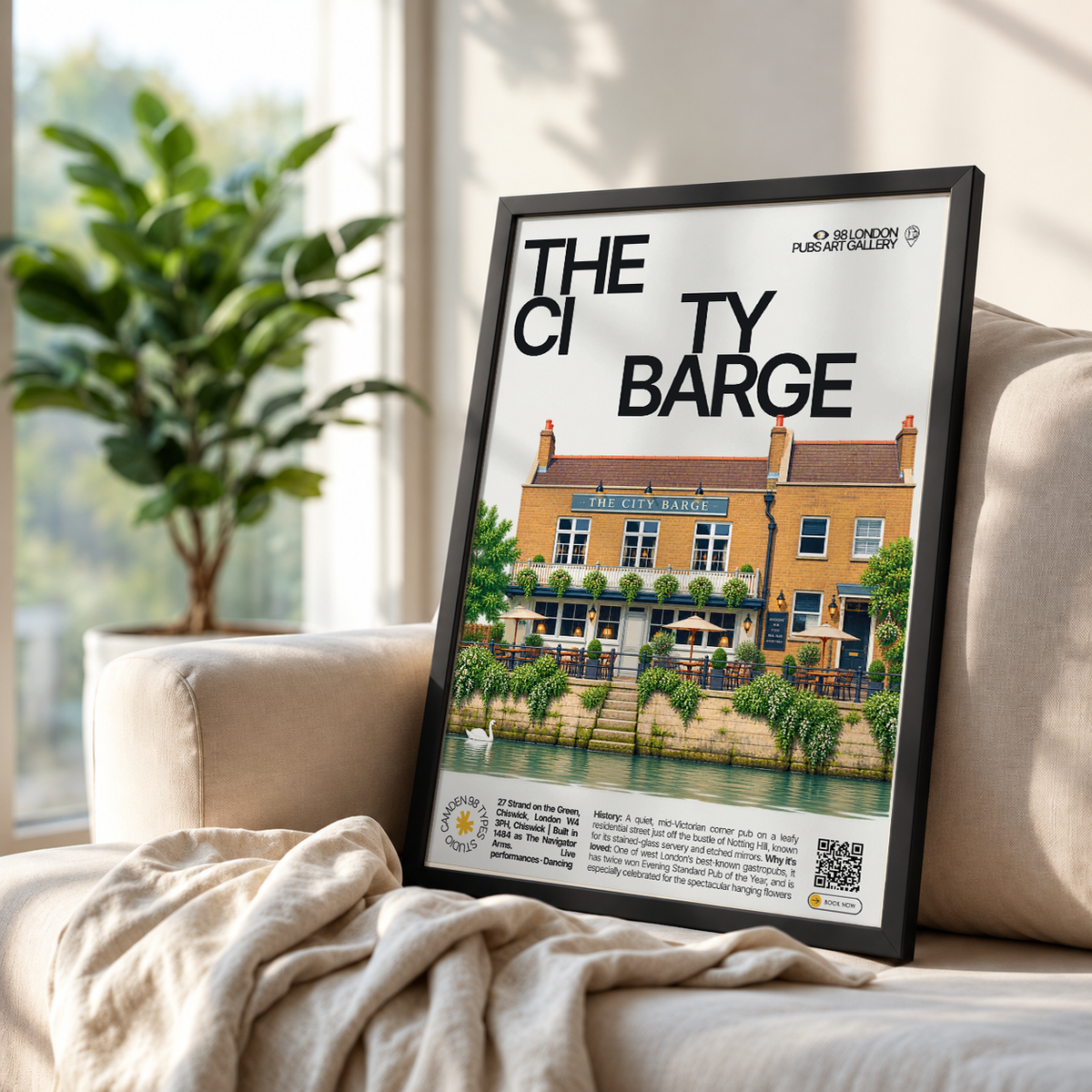 The City Barge poster, Chiswick, London: riverside pub facade at Strand-on-the-Green - 98 London Pubs Art Gallery by 98 Types