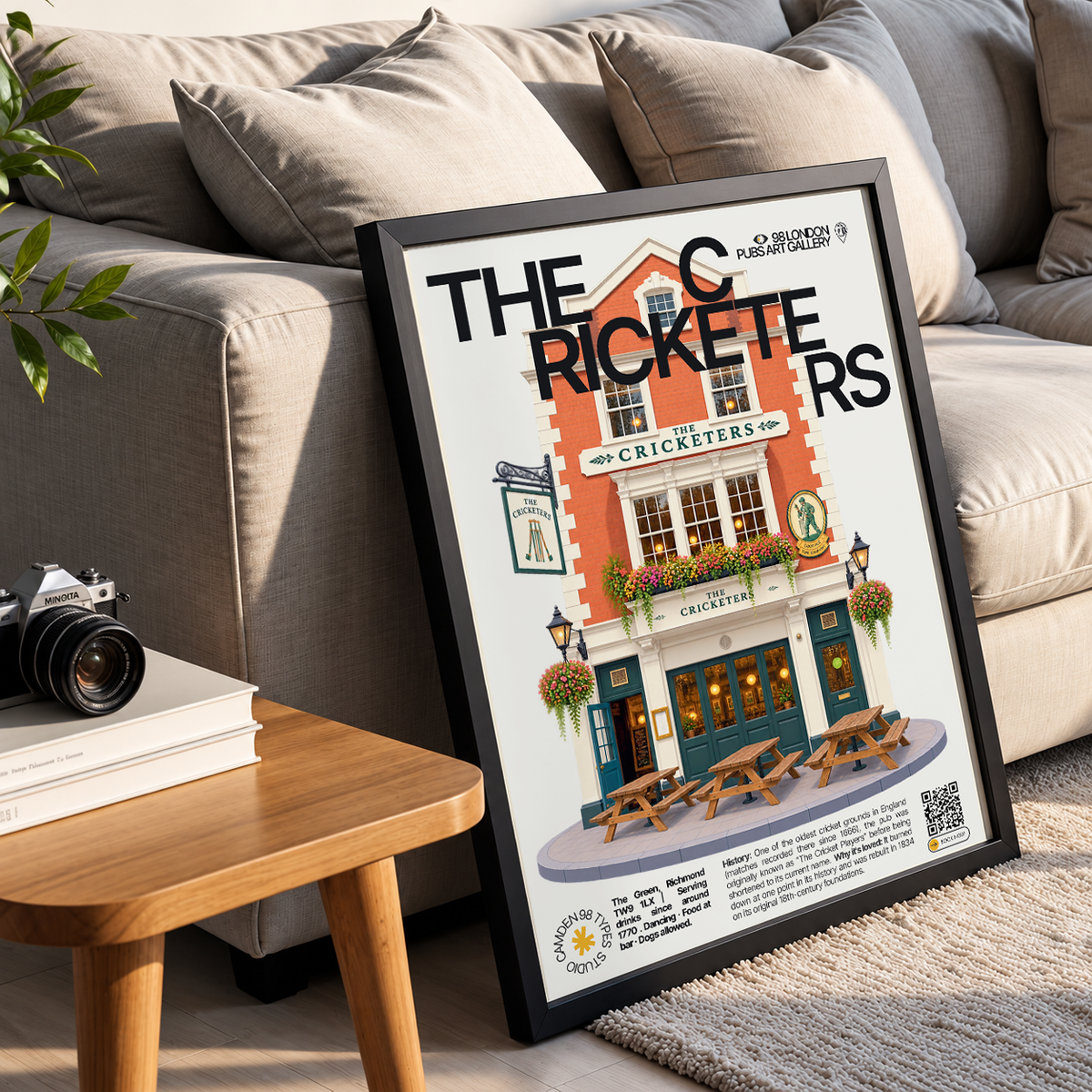 The Cricketers poster, Richmond Green, London: pub facade overlooking a historic cricket green - 98 London Pubs Art Gallery by 98 Types