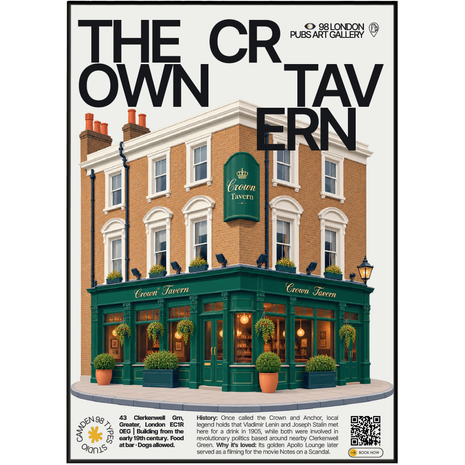 The Crown Tavern poster, Clerkenwell, London: Victorian corner pub facade in Clerkenwell - 98 London Pubs Art Gallery by 98 Types