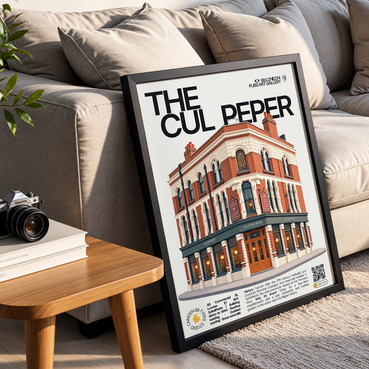 The Culpeper poster, Spitalfields, London: four-storey Spitalfields building with rooftop garden - 98 London Pubs Art Gallery by 98 Types