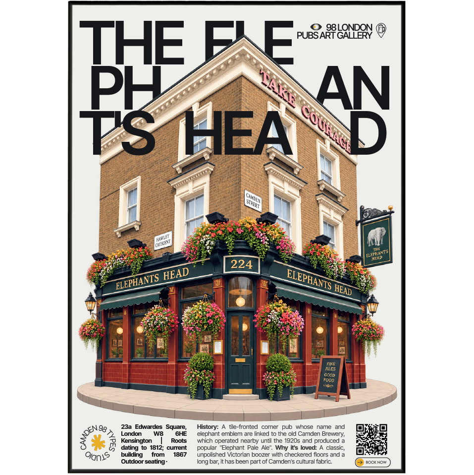 The Elephant's Head poster, Camden Town, London: tiled Victorian pub facade on Camden High Street - 98 London Pubs Art Gallery by 98 Types