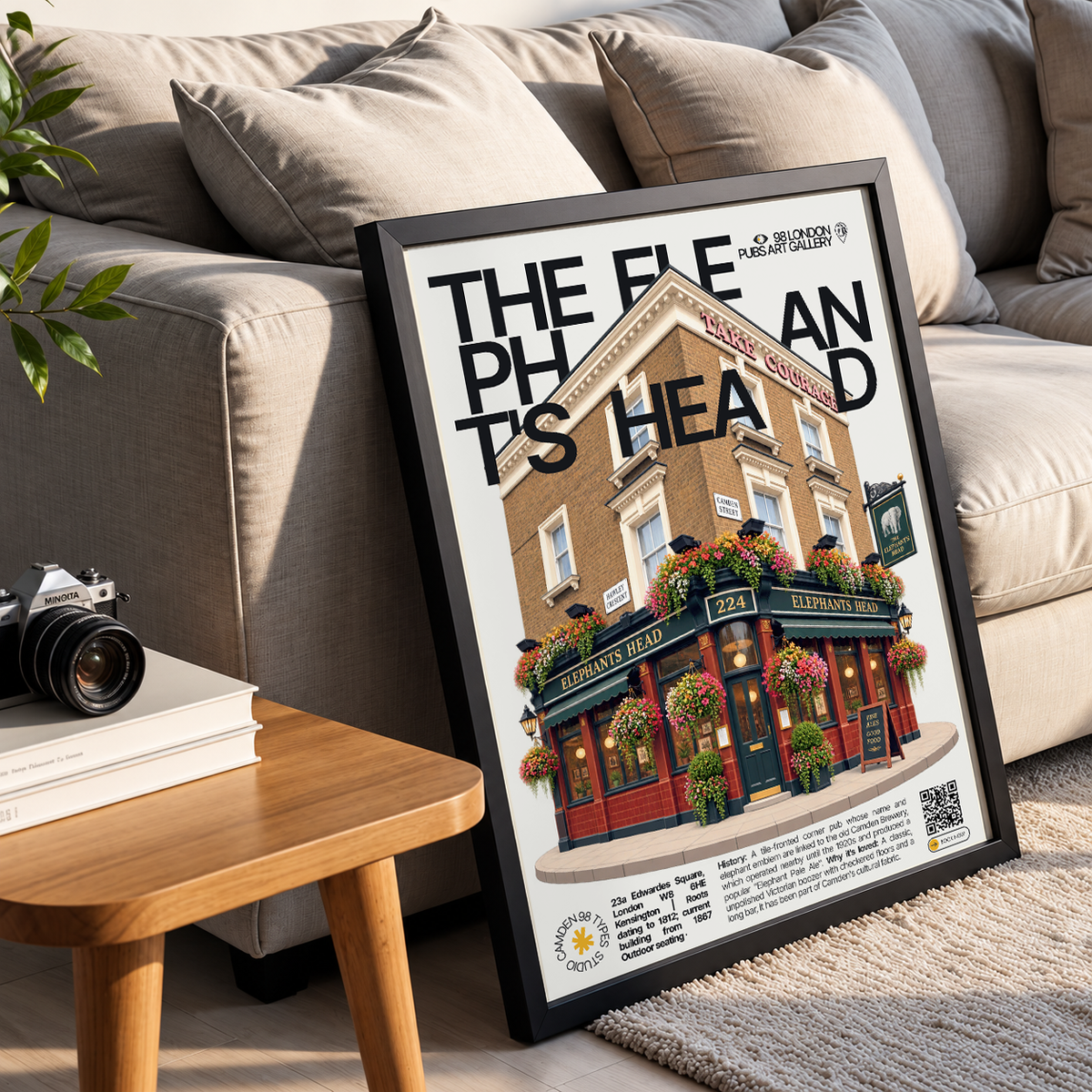 The Elephant's Head poster, Camden Town, London: tiled Victorian pub facade on Camden High Street - 98 London Pubs Art Gallery by 98 Types