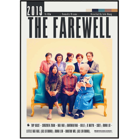 The Farewell 2019 theatrical movie poster featuring the cast seated on a turquoise sofa against a cream background, with the title 'THE FAREWELL' in large black letters and release details at the top and bottom.