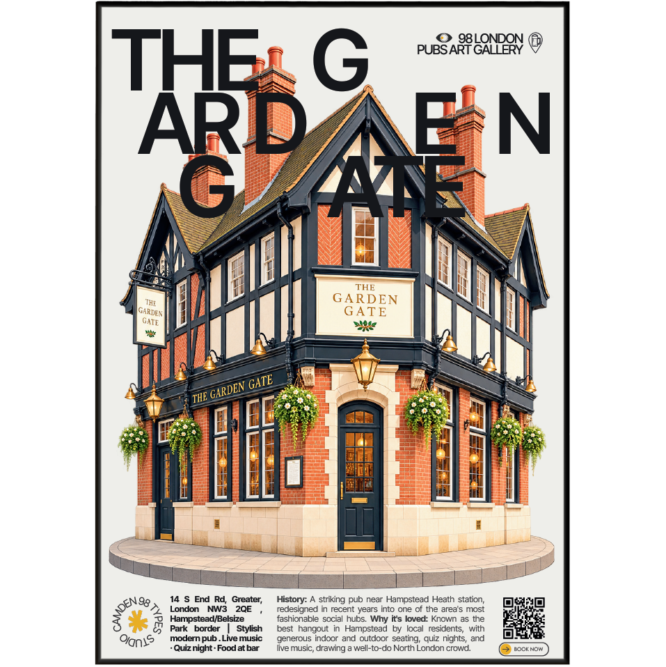 The Garden Gate poster, Hampstead, London: bright modern pub facade with outdoor seating near Hampstead Heath - 98 London Pubs Art Gallery by 98 Types