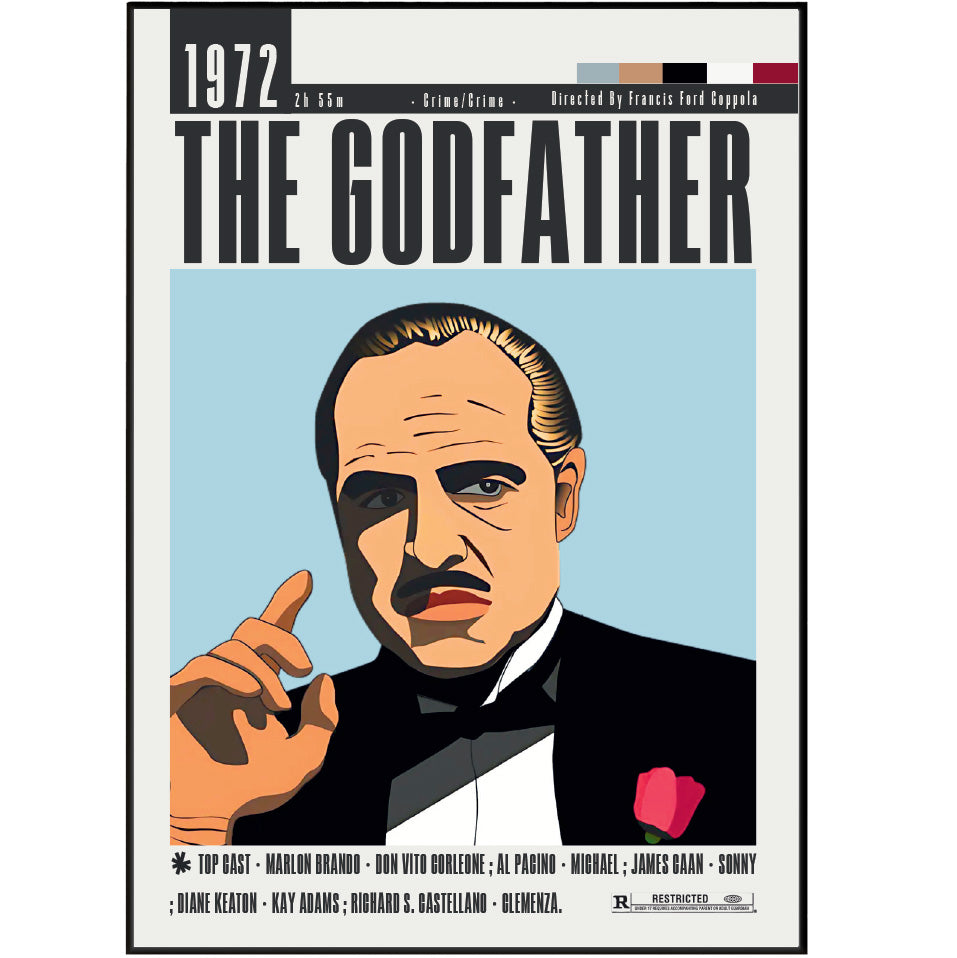 A stylized poster print of the movie The Godfather, featuring a graphic illustration of Don Corleone in a black tuxedo against a light blue background, with bold black title text at the top and release details at the top left.