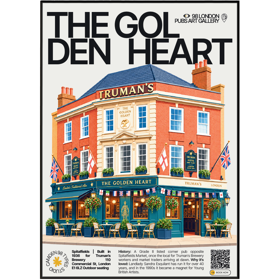 The Golden Heart poster, Spitalfields, London: corner pub facade opposite Spitalfields Market - 98 London Pubs Art Gallery by 98 Types