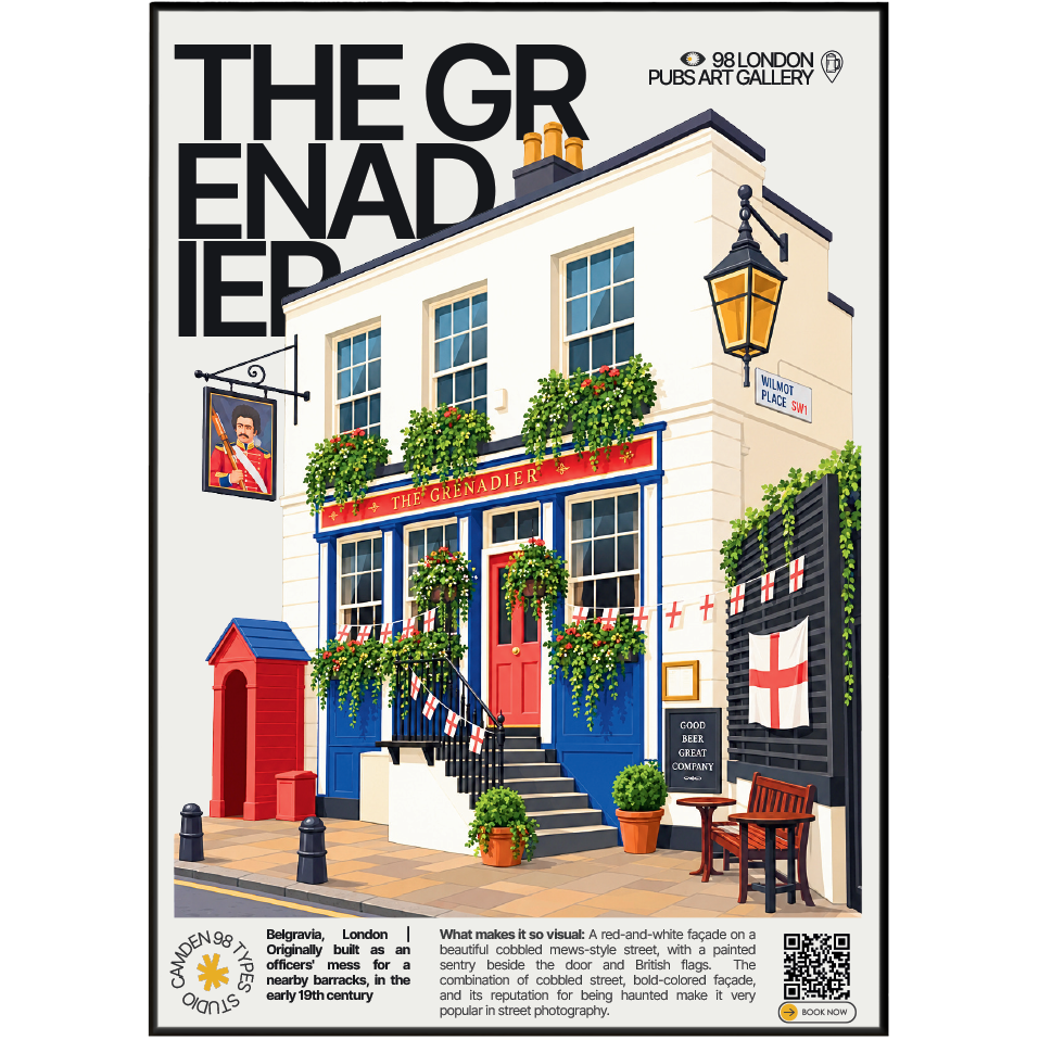 The Grenadier poster, Belgravia, London: red and white pub facade on a cobbled mews street - 98 London Pubs Art Gallery by 98 Types