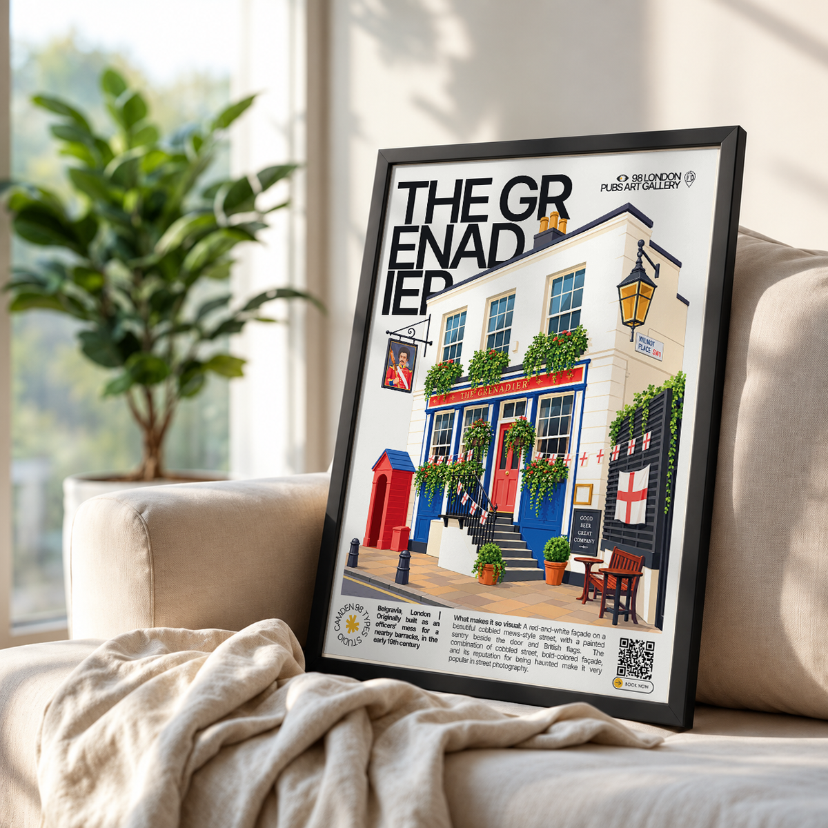 The Grenadier poster, Belgravia, London: red and white pub facade on a cobbled mews street - 98 London Pubs Art Gallery by 98 Types