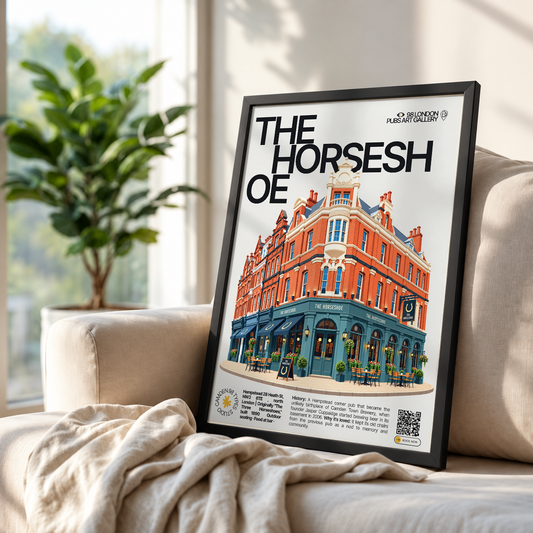 The Horseshoe poster print — Hampstead, London | corner pub facade with horseshoe emblem