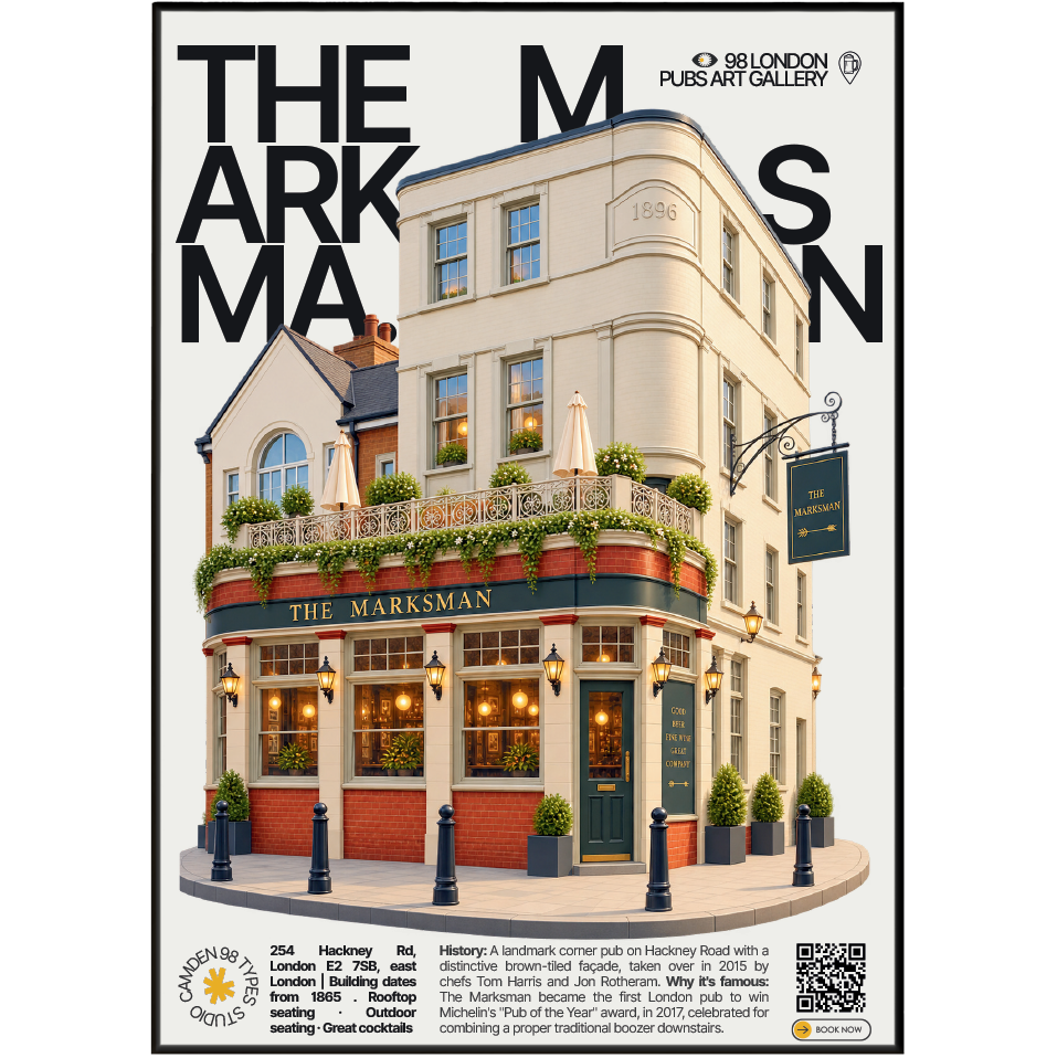 The Marksman poster, Hackney Road, London: brown-tiled pub facade with rooftop terrace - 98 London Pubs Art Gallery by 98 Types