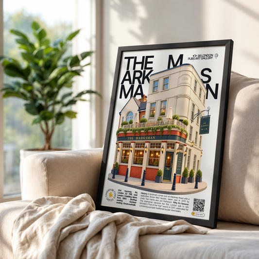 The Marksman poster, Hackney Road, London: brown-tiled pub facade with rooftop terrace - 98 London Pubs Art Gallery by 98 Types