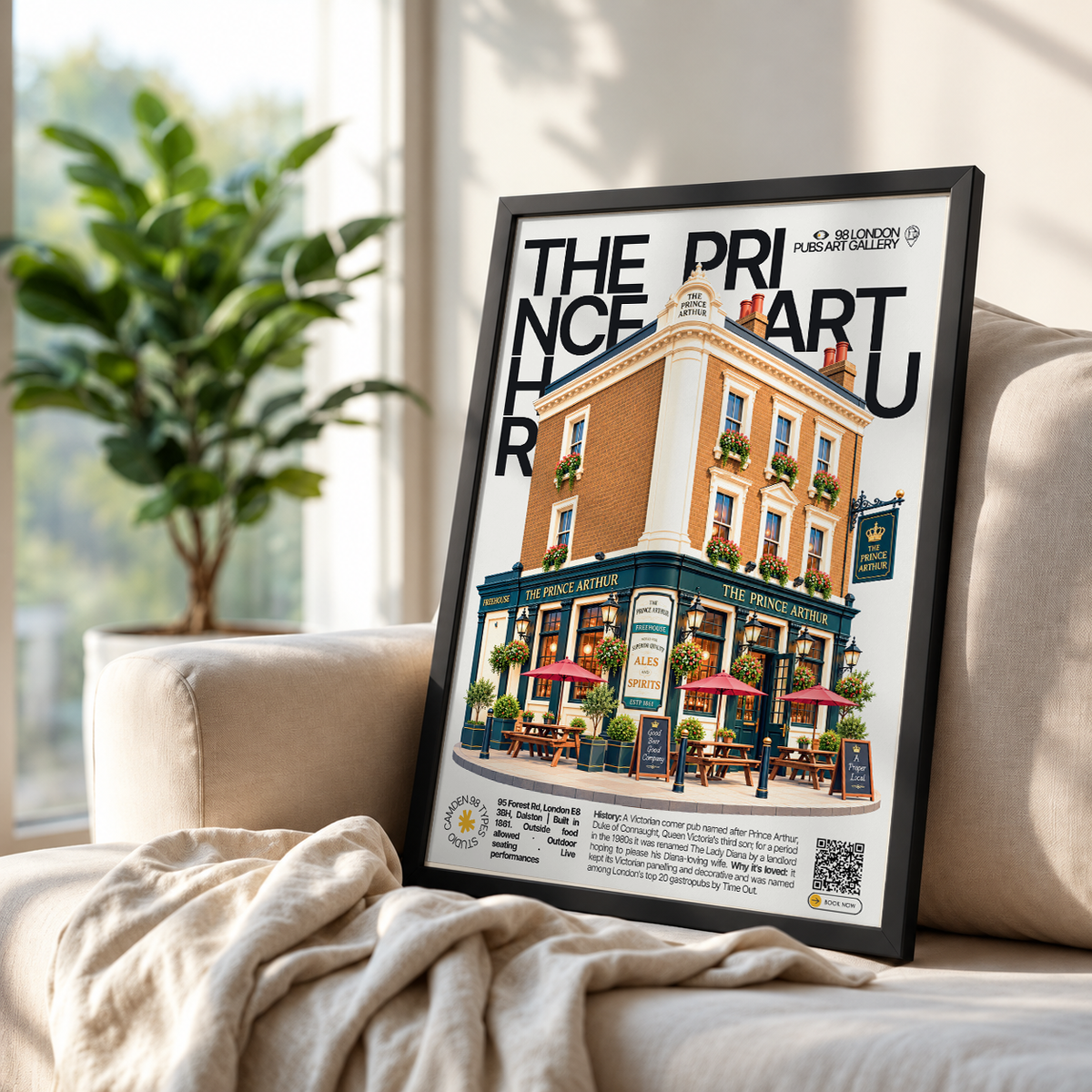 The Prince Arthur poster, Dalston, London: end-of-terrace Victorian pub facade - 98 London Pubs Art Gallery by 98 Types