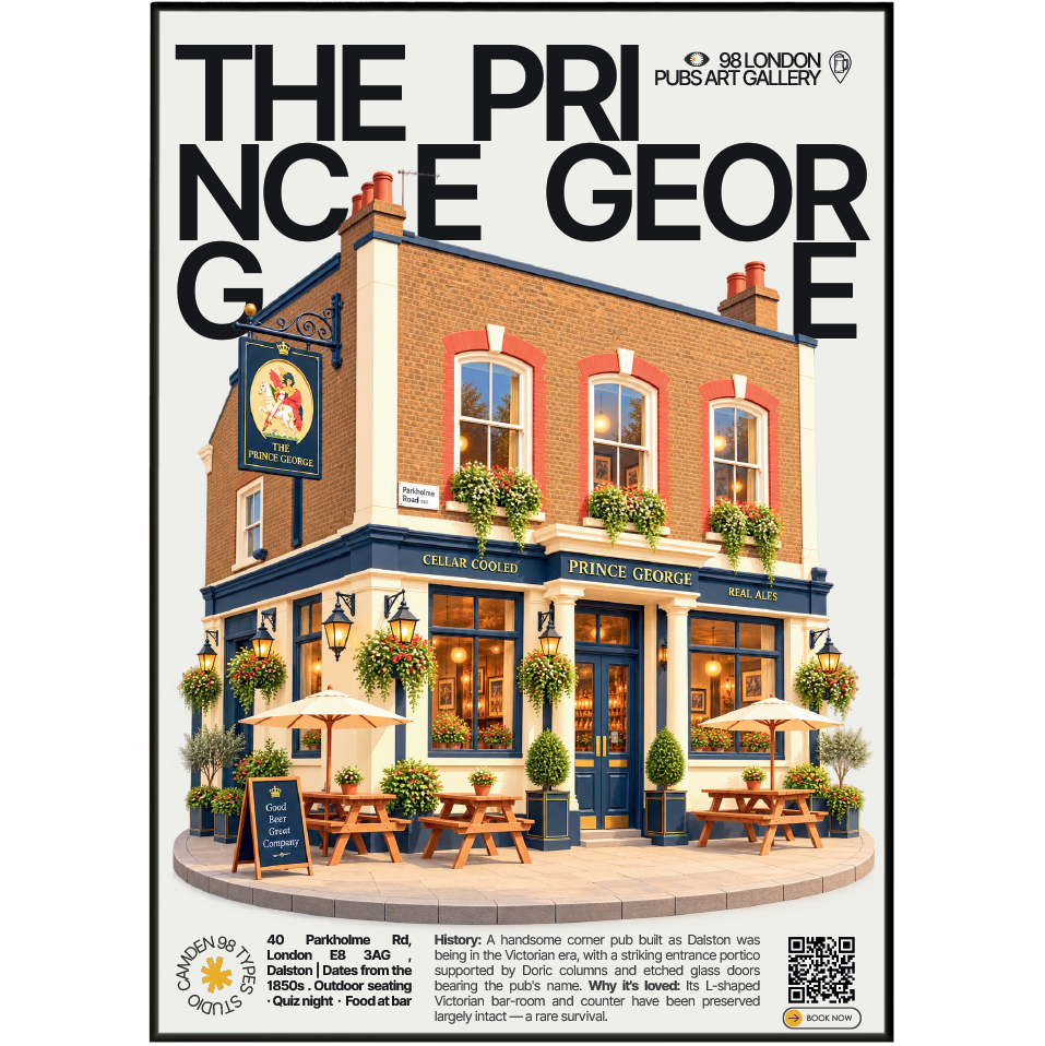 The Prince George poster, Dalston, London: corner pub facade with Doric-column entrance portico - 98 London Pubs Art Gallery by 98 Types