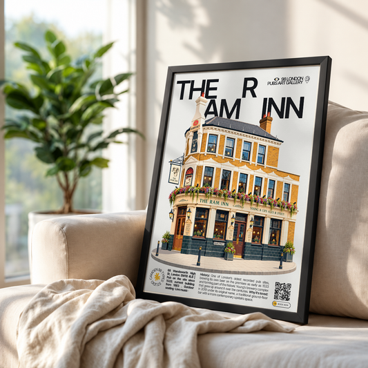 The Ram Inn poster, Wandsworth, London: traditional brewery-linked pub facade - 98 London Pubs Art Gallery by 98 Types