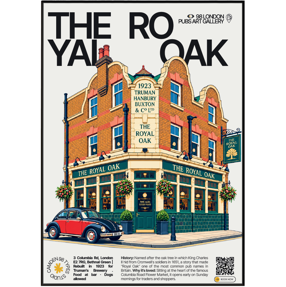 The Royal Oak poster, Columbia Road, London: tiled pub facade with flower stalls outside - 98 London Pubs Art Gallery by 98 Types