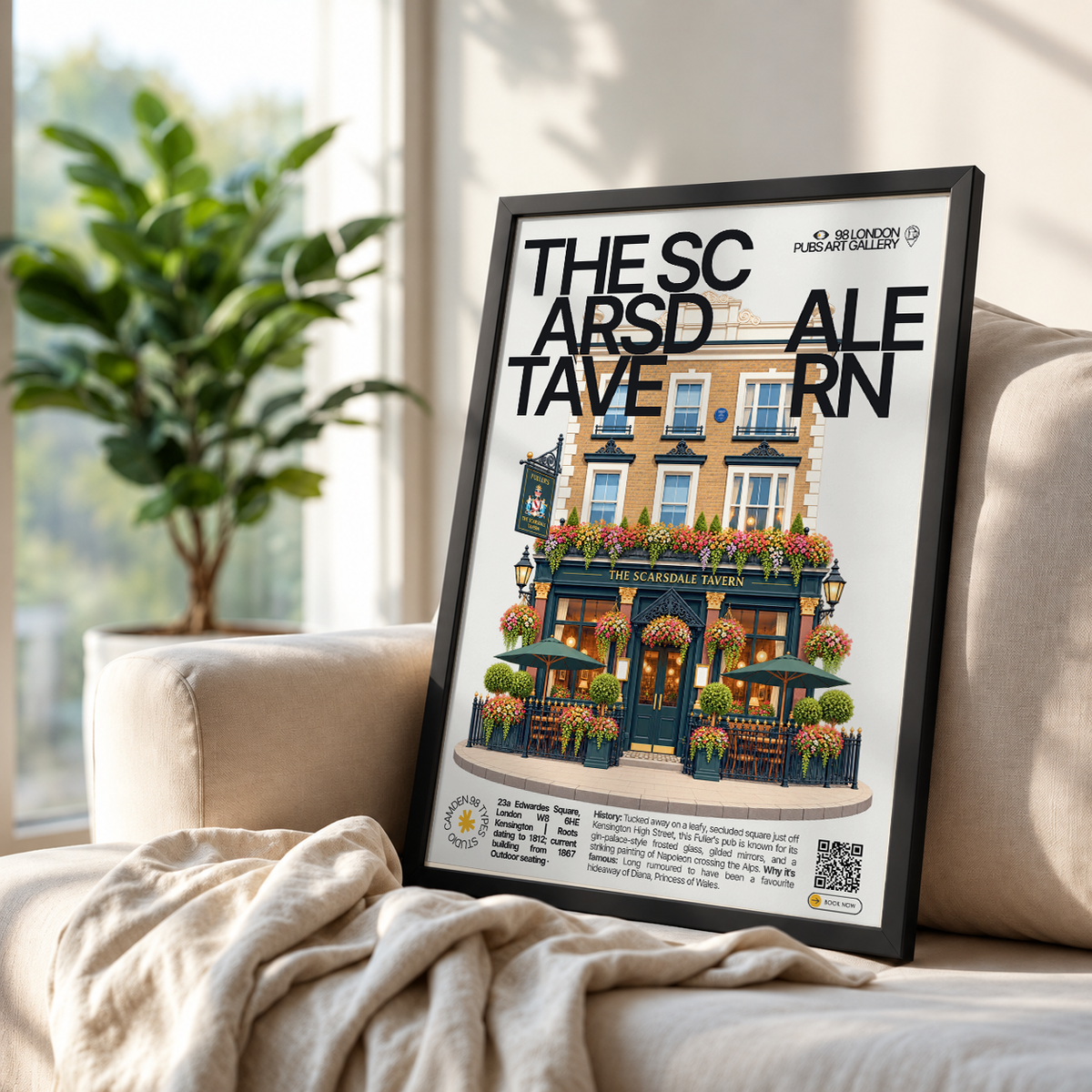 The Scarsdale Tavern poster, Kensington, London: pub facade with hanging flower baskets on a quiet square - 98 London Pubs Art Gallery by 98 Types