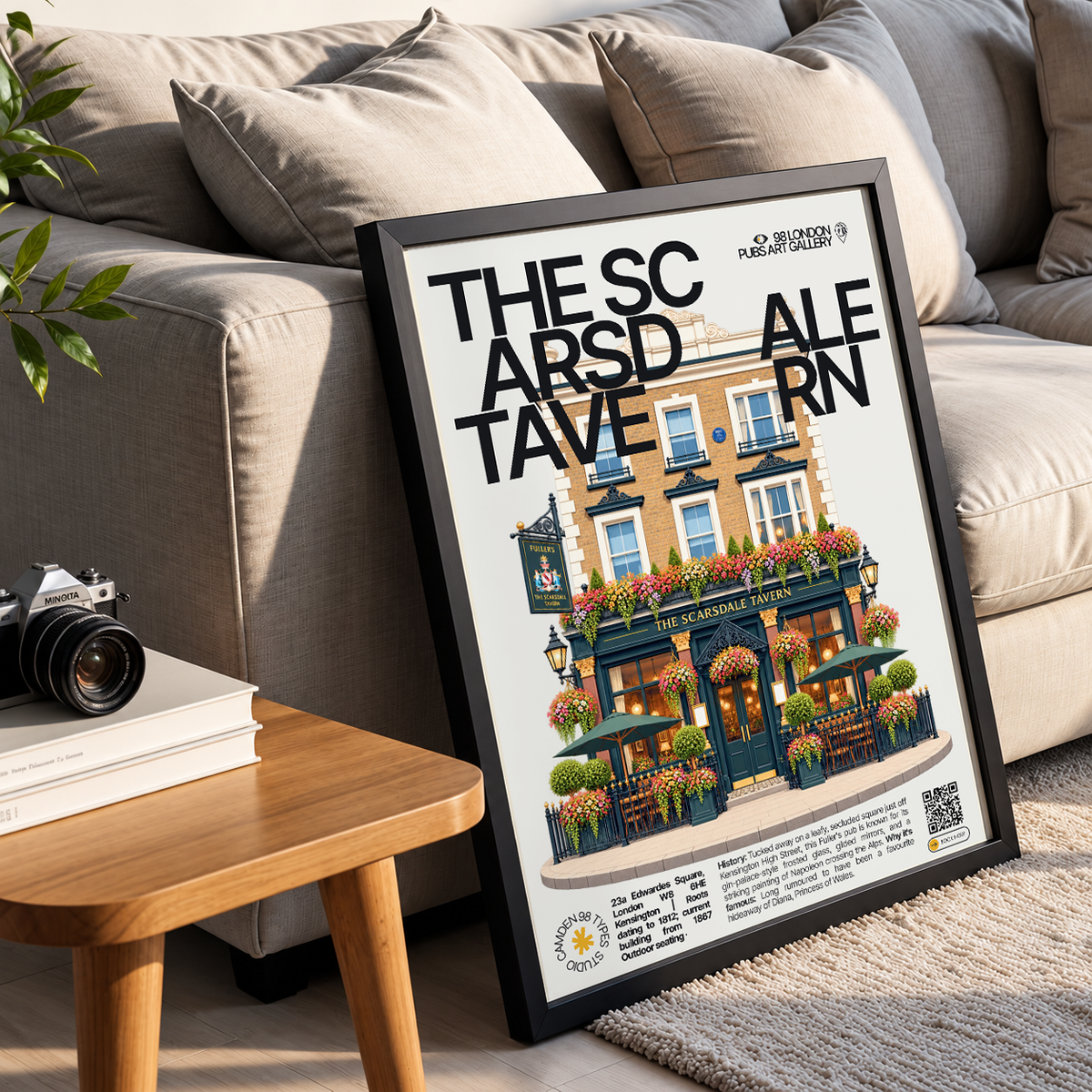 The Scarsdale Tavern poster, Kensington, London: pub facade with hanging flower baskets on a quiet square - 98 London Pubs Art Gallery by 98 Types
