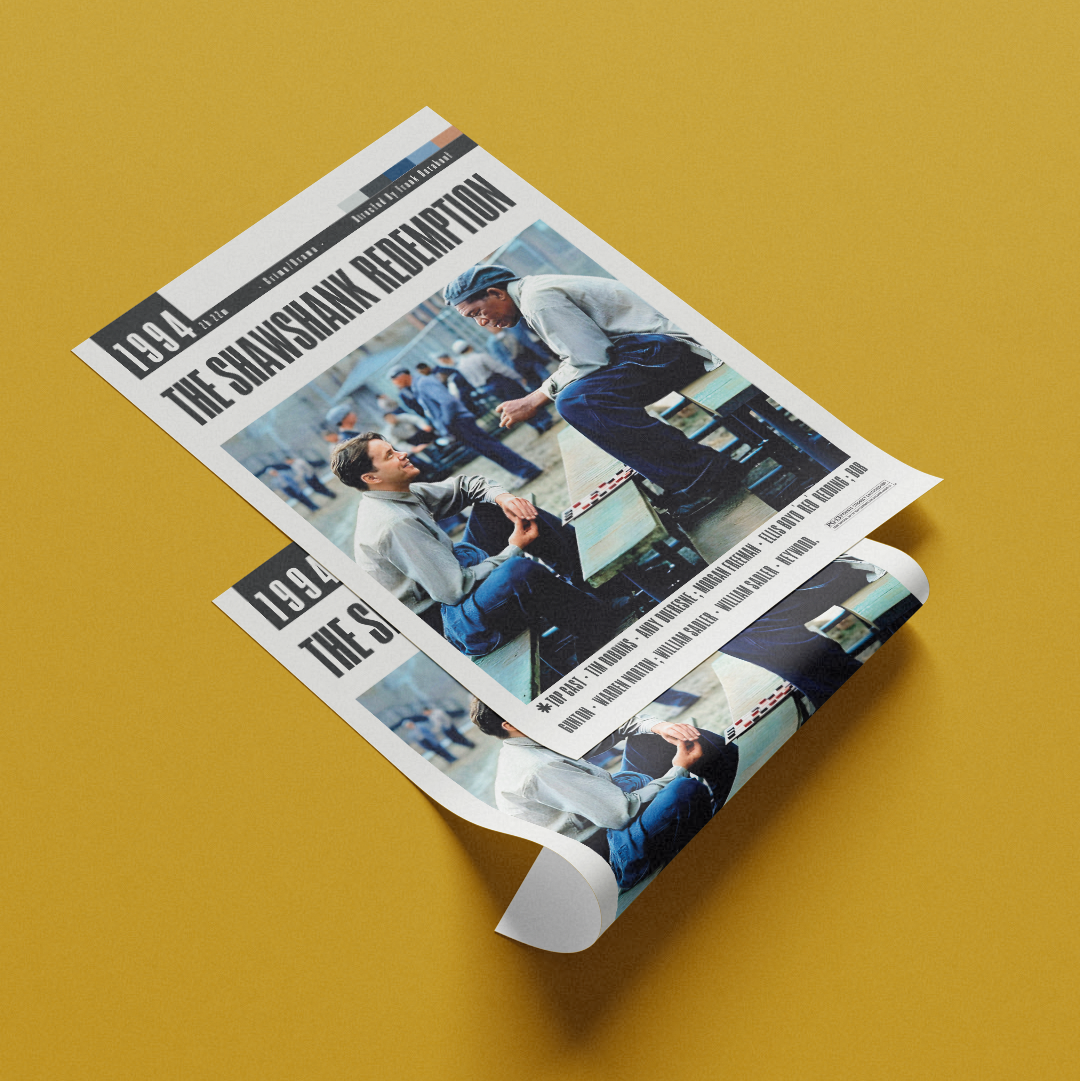 A rolled-out newspaper-style poster or print featuring a historical scene with large headline text, photographed on a solid mustard-yellow background.
