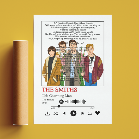A custom music poster print featuring the band The Smiths, displayed next to a cardboard mailing tube against a solid mustard yellow background.
