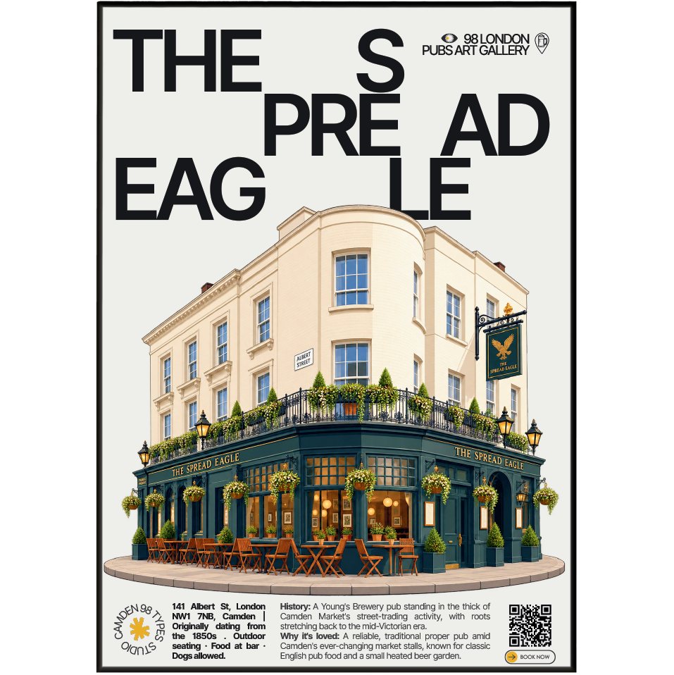 The Spread Eagle poster, Camden, London: traditional market-street pub facade in Camden - 98 London Pubs Art Gallery by 98 Types