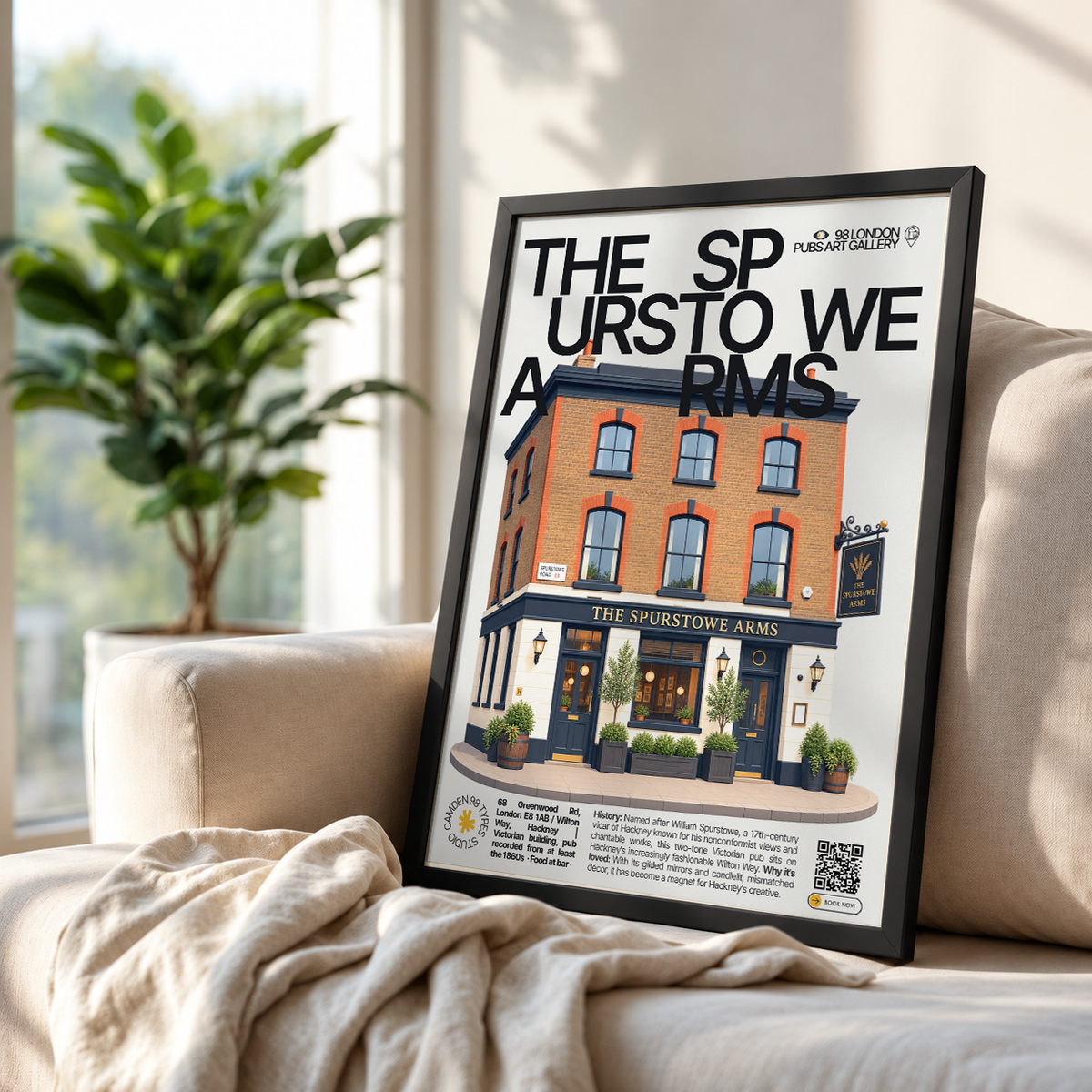 The Spurstowe Arms poster, Hackney, London: black and white Victorian pub facade - 98 London Pubs Art Gallery by 98 Types