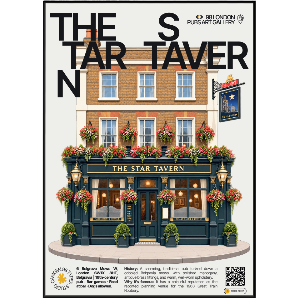 The Star Tavern poster, Belgravia, London: cobbled mews pub facade in Belgravia - 98 London Pubs Art Gallery by 98 Types