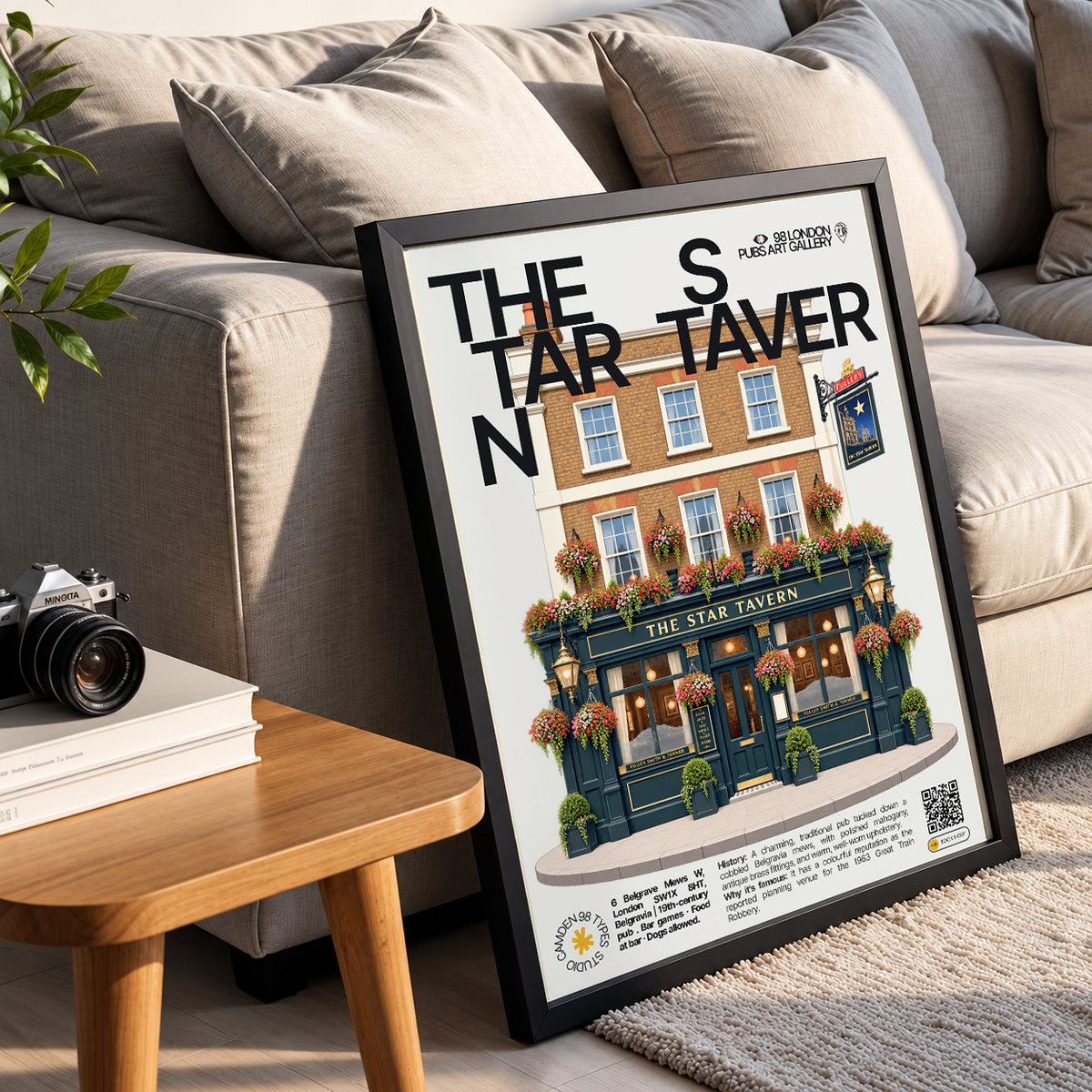 The Star Tavern poster, Belgravia, London: cobbled mews pub facade in Belgravia - 98 London Pubs Art Gallery by 98 Types