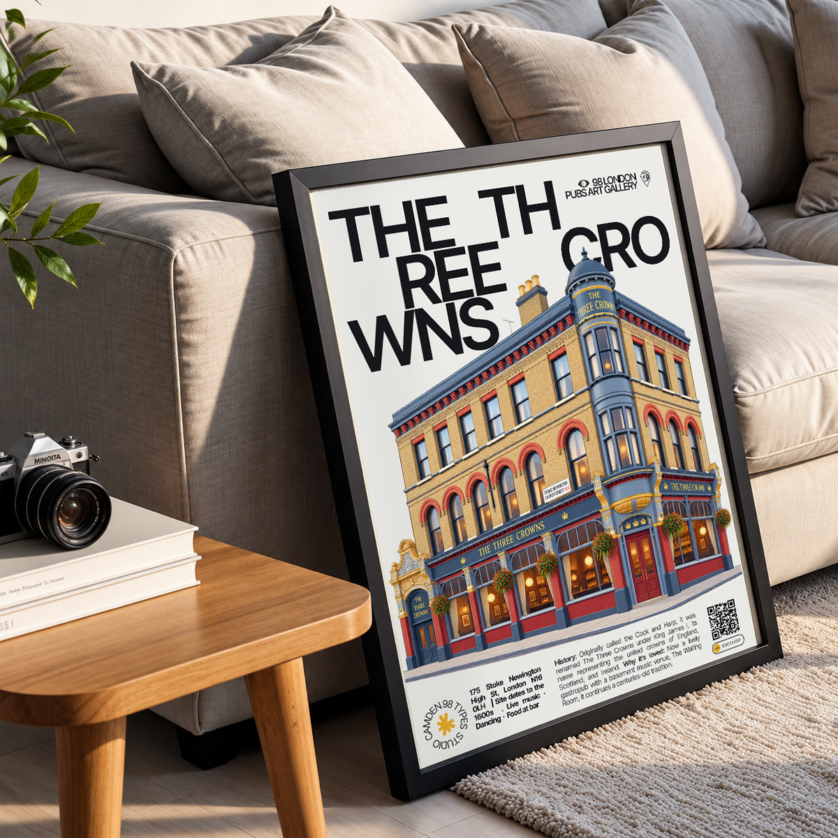 The Three Crowns poster print — Stoke Newington, London | pub facade with three crowns signage