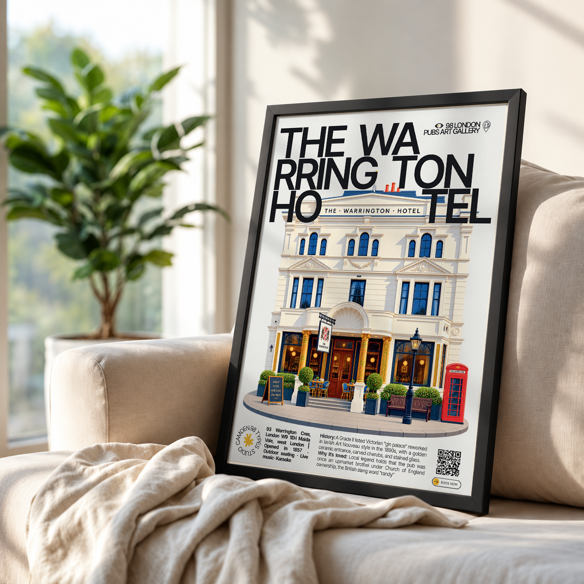 The Warrington Hotel poster, Maida Vale, London: Art Nouveau facade with golden ceramic entrance - 98 London Pubs Art Gallery by 98 Types