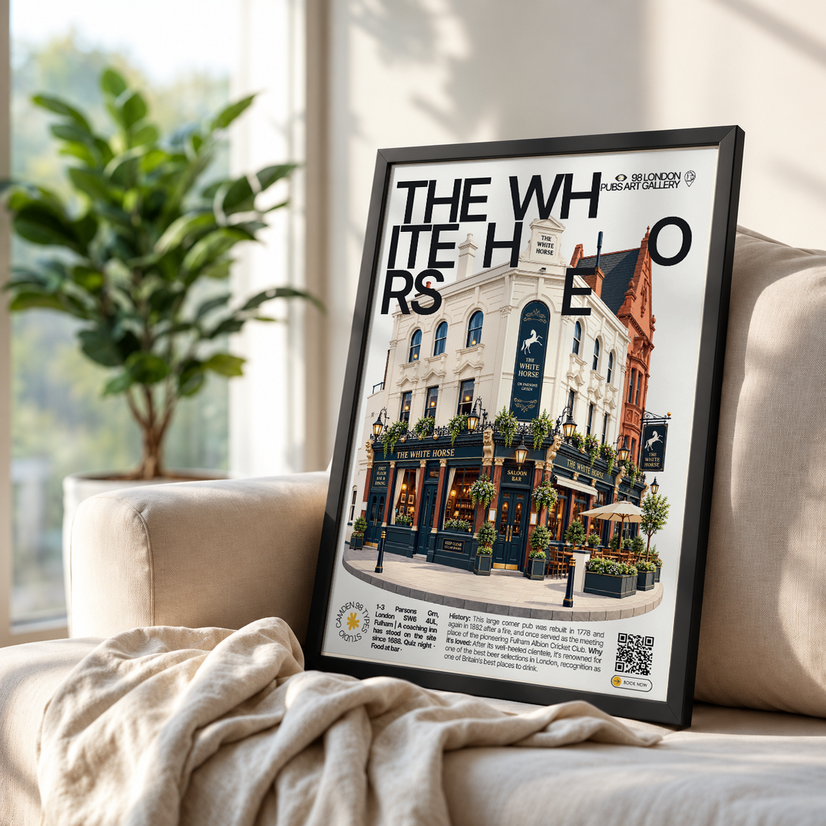 The White Horse poster, Fulham, London: large corner pub facade overlooking a green - 98 London Pubs Art Gallery by 98 Types