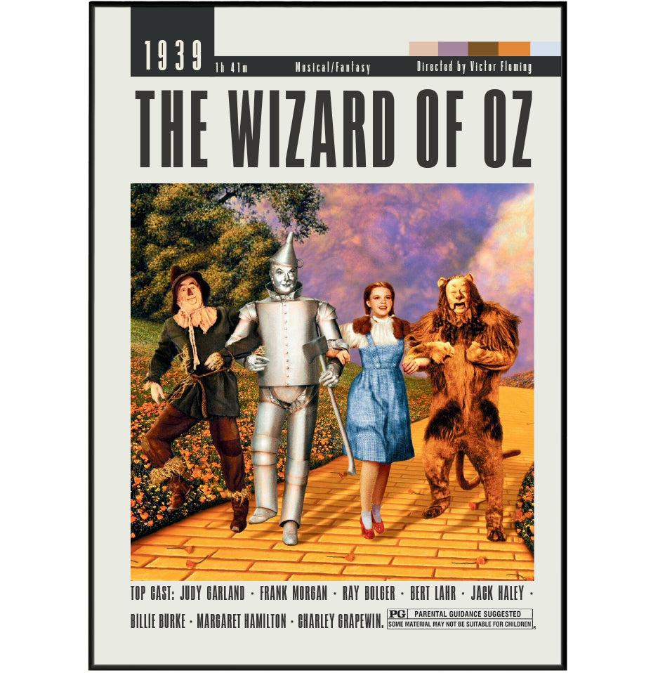The Wizard of Oz theatrical poster print featuring the main characters on a yellow brick road under a colorful sky, with the title and release details at the top.