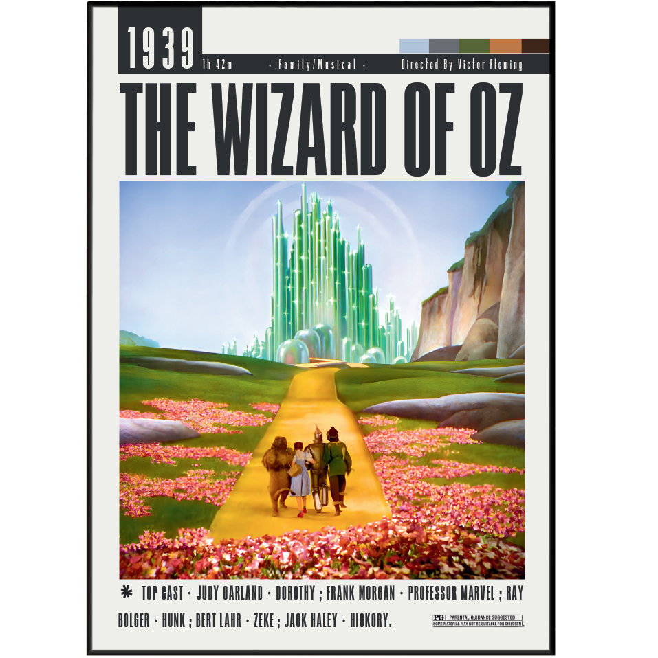The Wizard of Oz theatrical poster print featuring the iconic green crystal palace, yellow path, pink flowers, and three characters walking in the center, with release details at the top and cast names at the bottom.