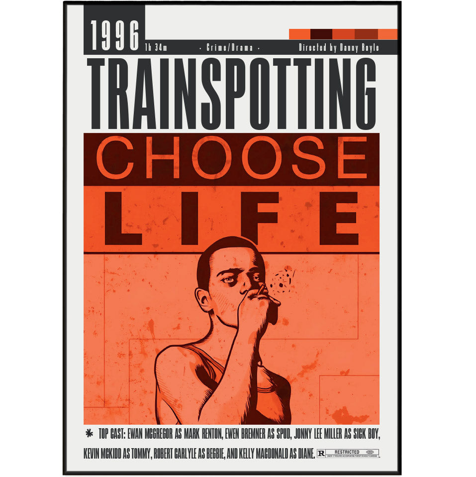 Trainspotting movie poster with a stylized illustration of a person and text.