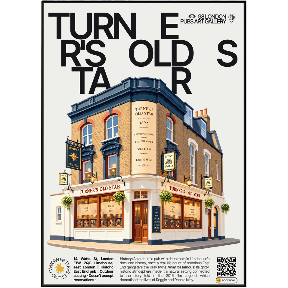 Turner's Old Star poster, Wapping, London: traditional East End pub facade in Wapping - 98 London Pubs Art Gallery by 98 Types