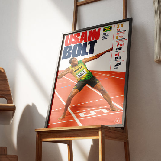 A framed poster of USAIN Bolt, the Jamaican sprinter, leaning on a wooden table in a modern room with warm sunlight and shadows.