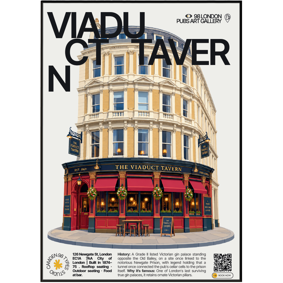 Viaduct Tavern poster, City of London, London: Victorian gin palace facade with hanging baskets - 98 London Pubs Art Gallery by 98 Types