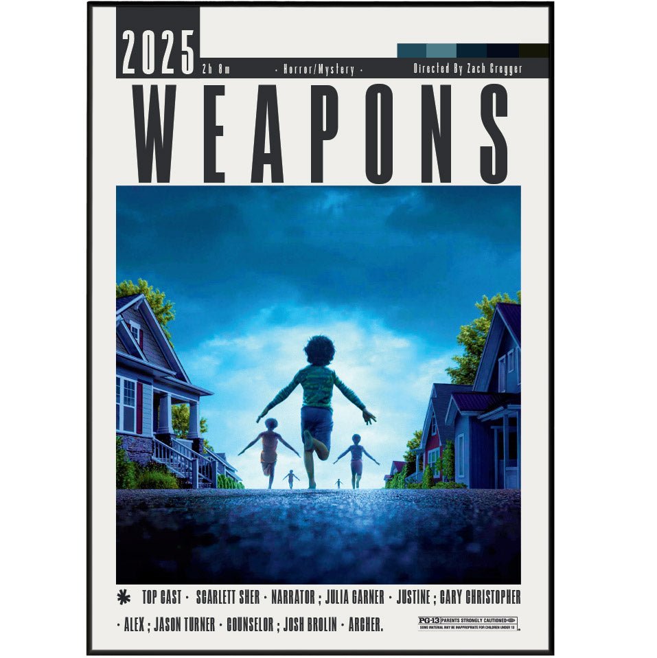 Weapons 2025 horror film poster — Zach Cregger suburban horror thriller wall art print UK